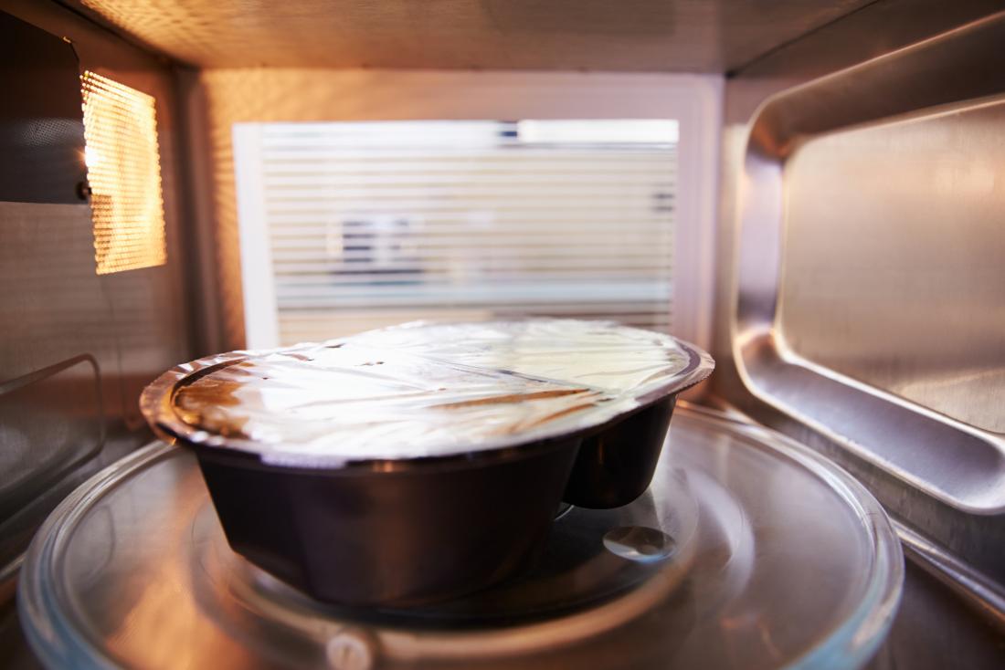 Meal in plastic packaging in microwave