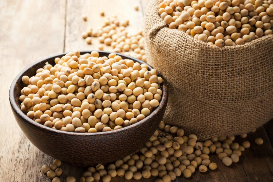 Dried soybeans in sack and bowl