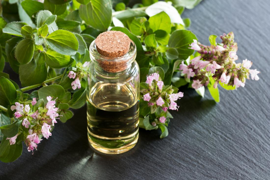 Oregano essential oil on wooden table with plants