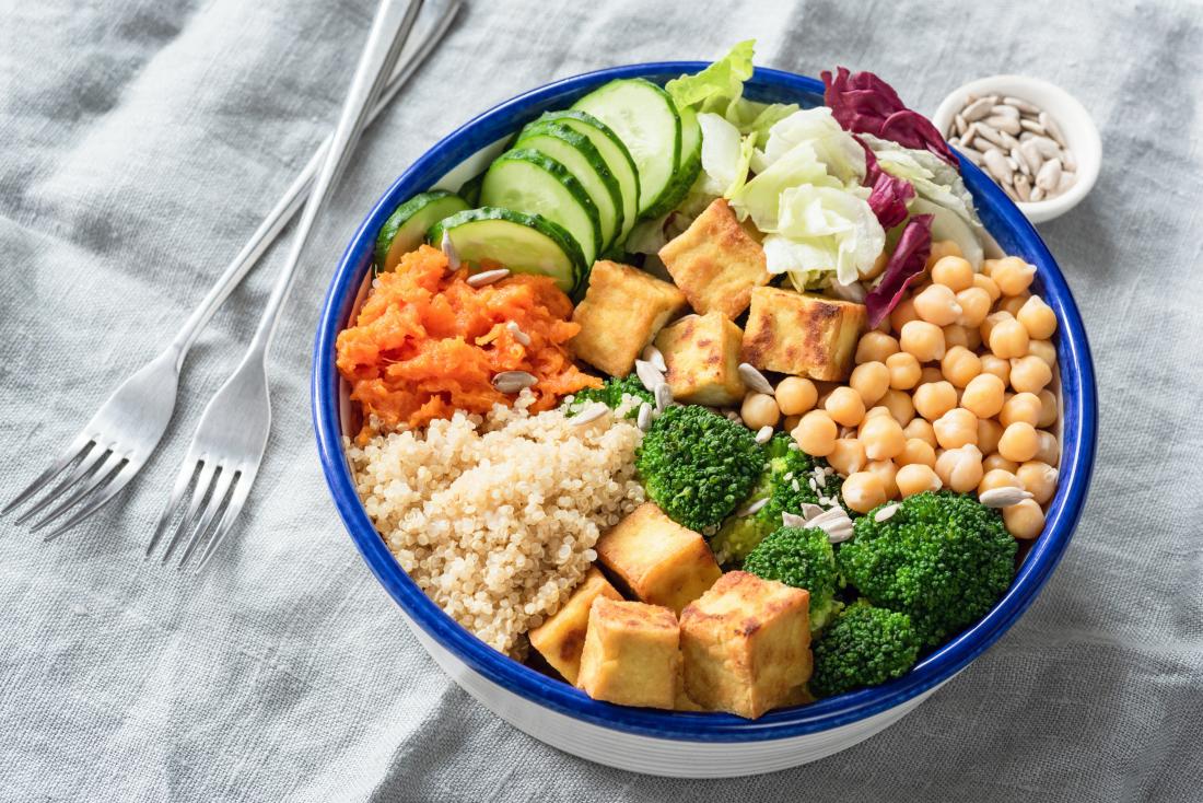 Tofu, chickpeas, quinoa and salad in bowl